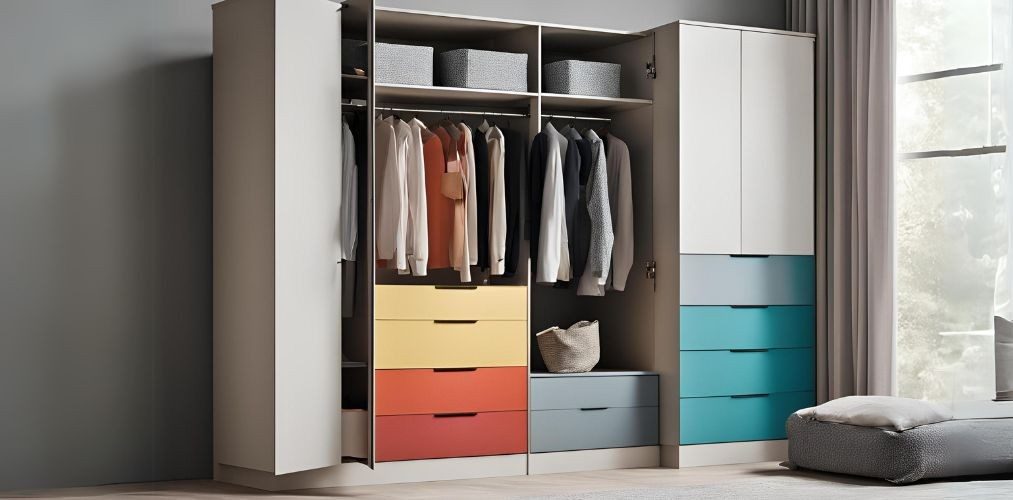 Small wardrobe with multi coloured drawer storage - Beautiful Homes