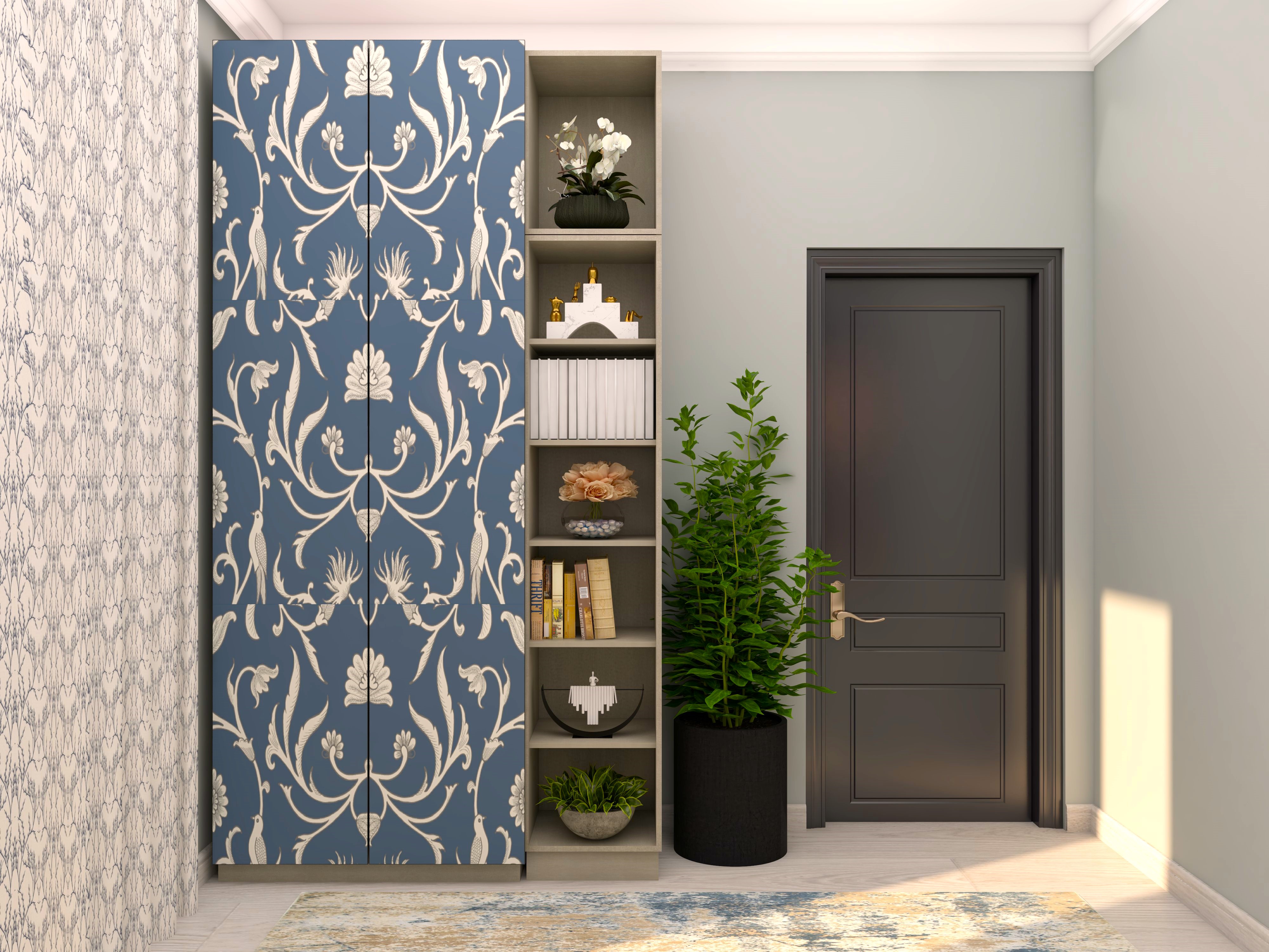 Swing wardrobe with blue print laminate and in-built shelves-Beautiful Homes
