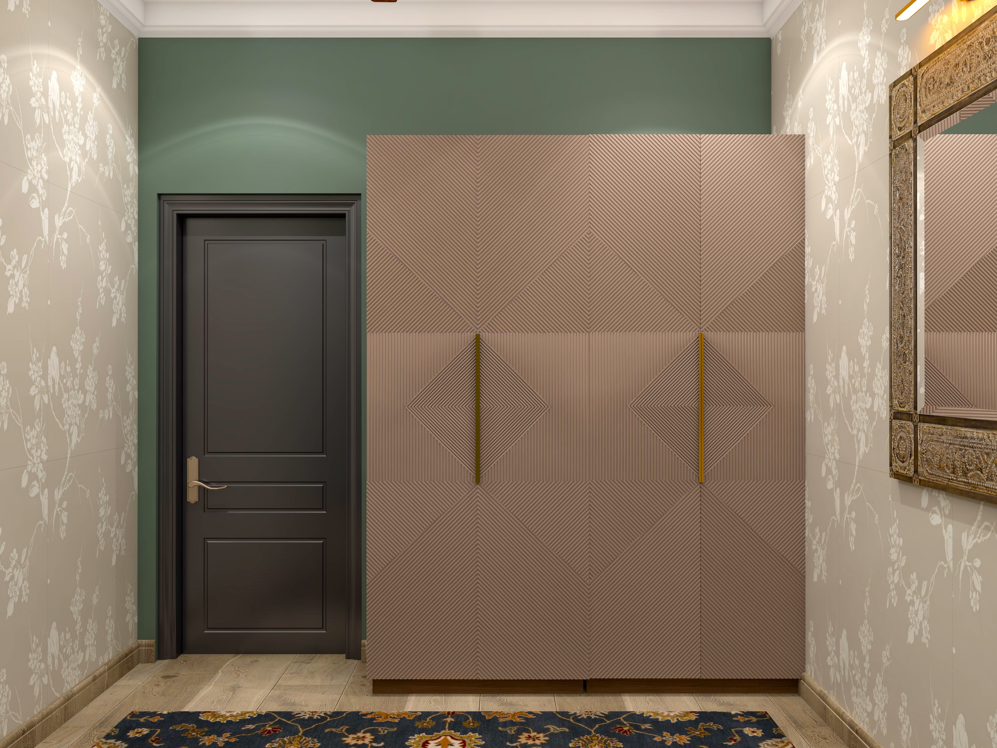 Swing wardrobe with rose gold 3d laminate against green wall-Beautiful Homes