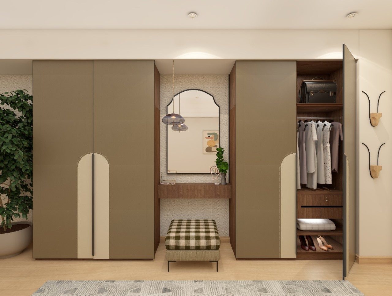 Swing wardrobes with leatherette shutter and dressing table in the center - Beautiful Homes