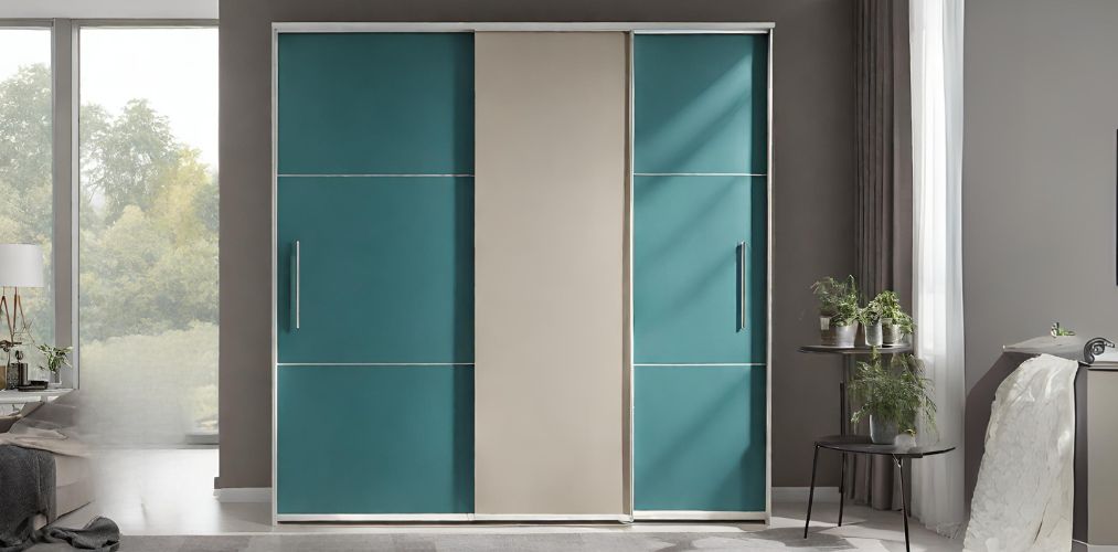 Teal and beige sliding wardrobe for a simple bedroom - Beautiful Homes