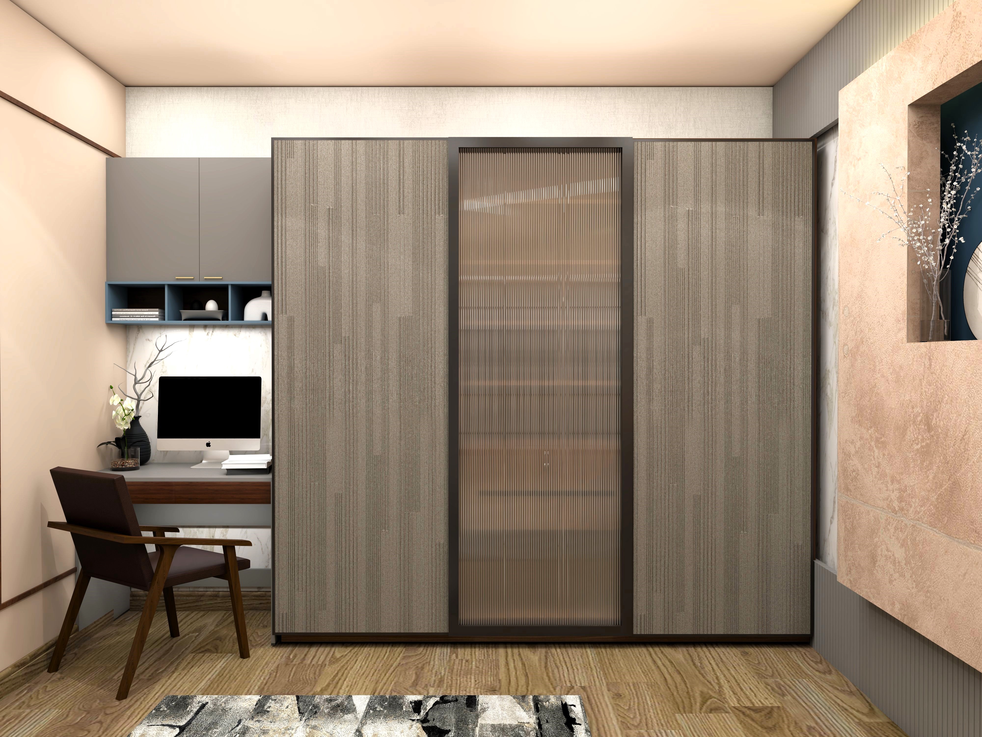 Textured sliding wardrobe with small wooden study table-Beautiful Homes