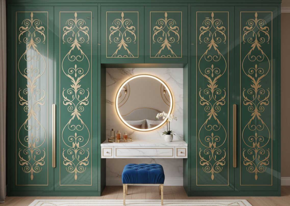Traditional green wardrobe with gold inlay shutters - Beautiful Homes