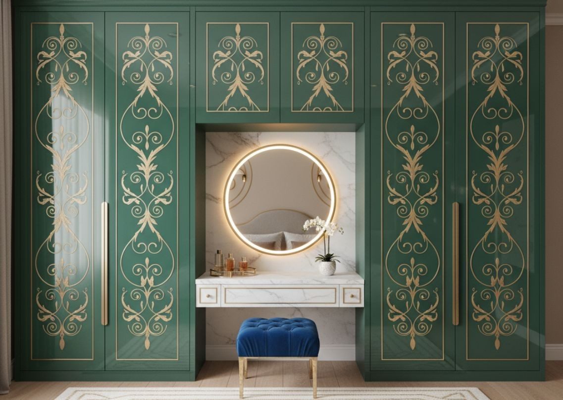 Traditional green wardrobe with gold inlay shutters - Beautiful Homes