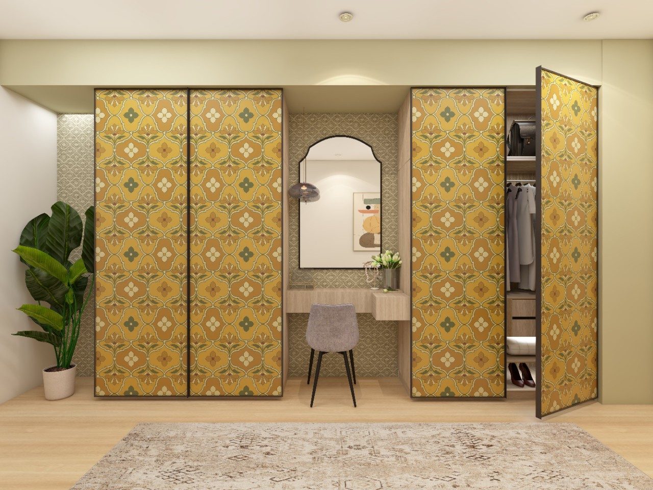 Traditional wardrobe with wallpaper finish shutters and integrated dressing table - Beautiful Homes