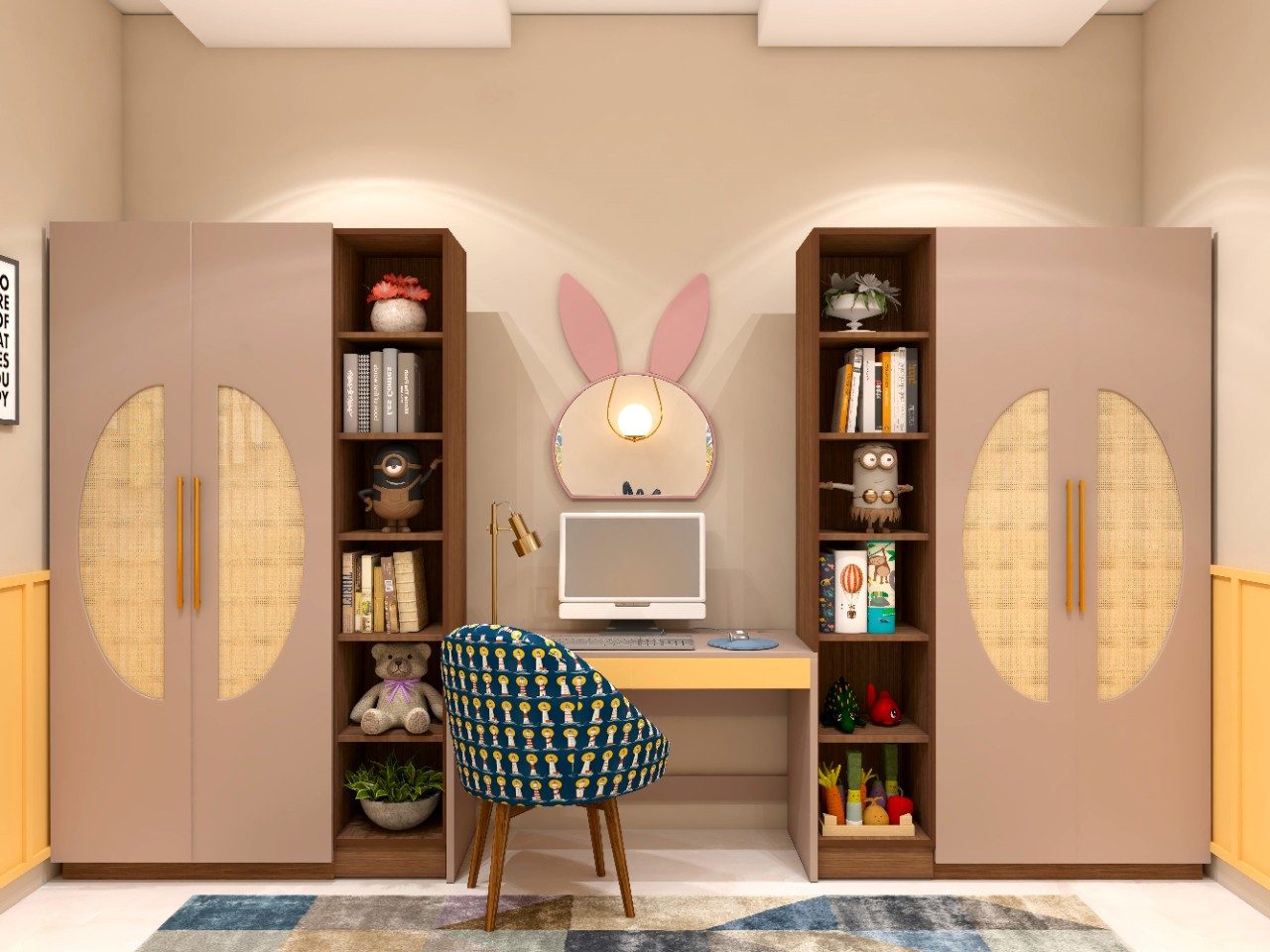 Twin cupboards with shelves and study table in the centre-Beautiful Homes