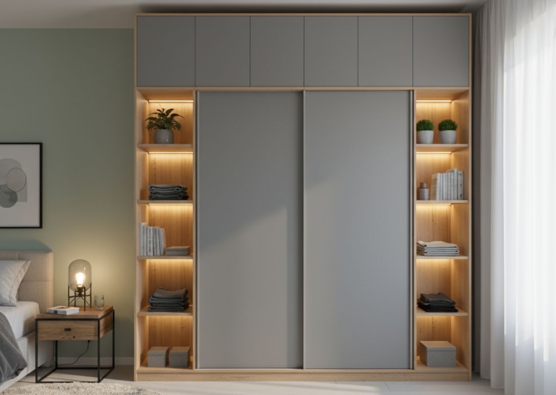 Modern wardrobe with sliding doors and wooden shelves - Beautiful Homes