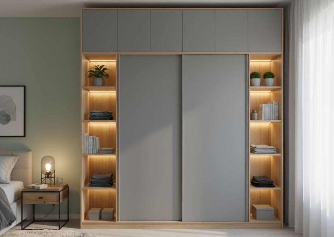 Modern wardrobe with sliding doors and wooden shelves - Beautiful Homes