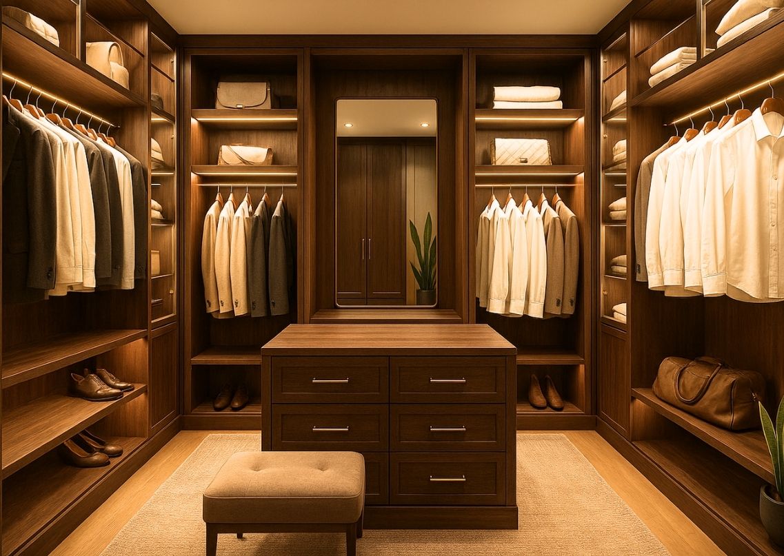 Walk-in wardrobe with wooden shelves and mirror - Beautiful Homes