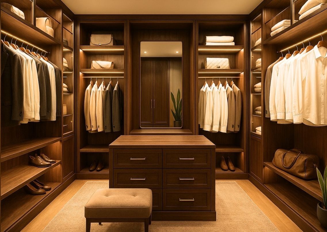 Walk-in wardrobe with wooden shelves and mirror - Beautiful Homes