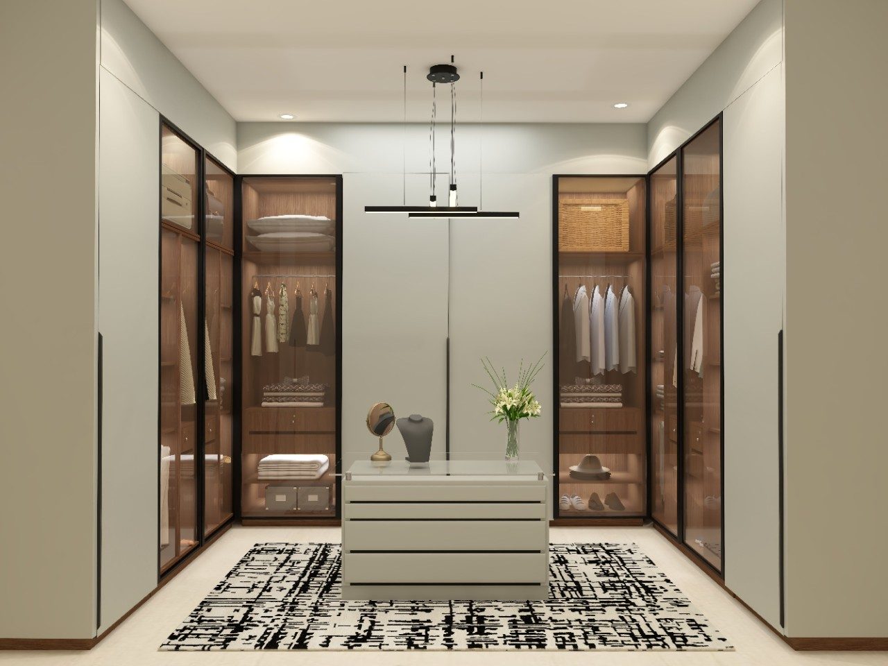 Walk-in closet with light grey and glass hinged wardrobes - Beautiful Homes