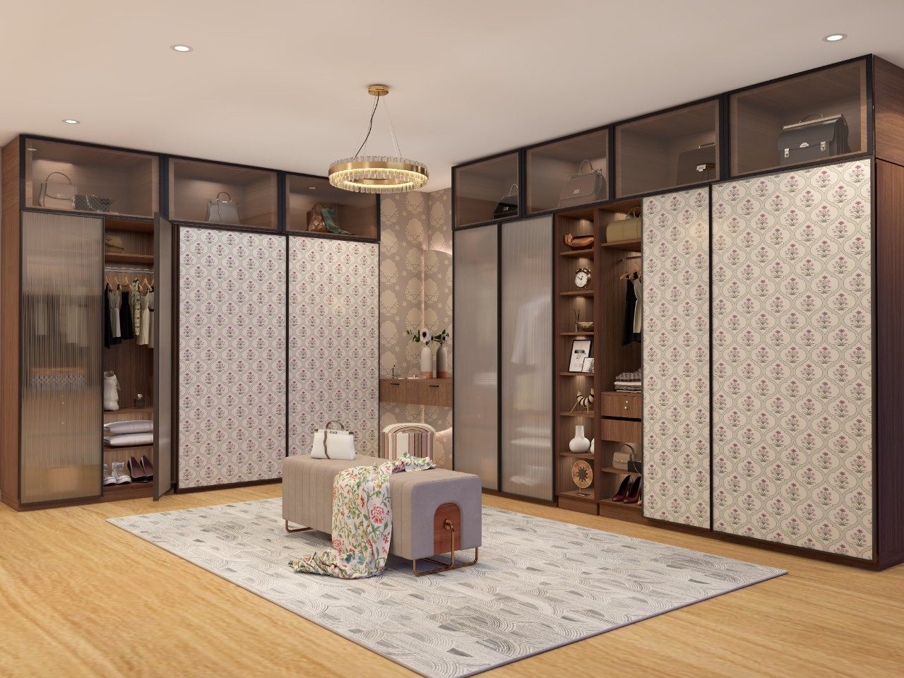 Walk-in closet with Royal wallpaper and fluted glass wardrobe - Beautiful Homes