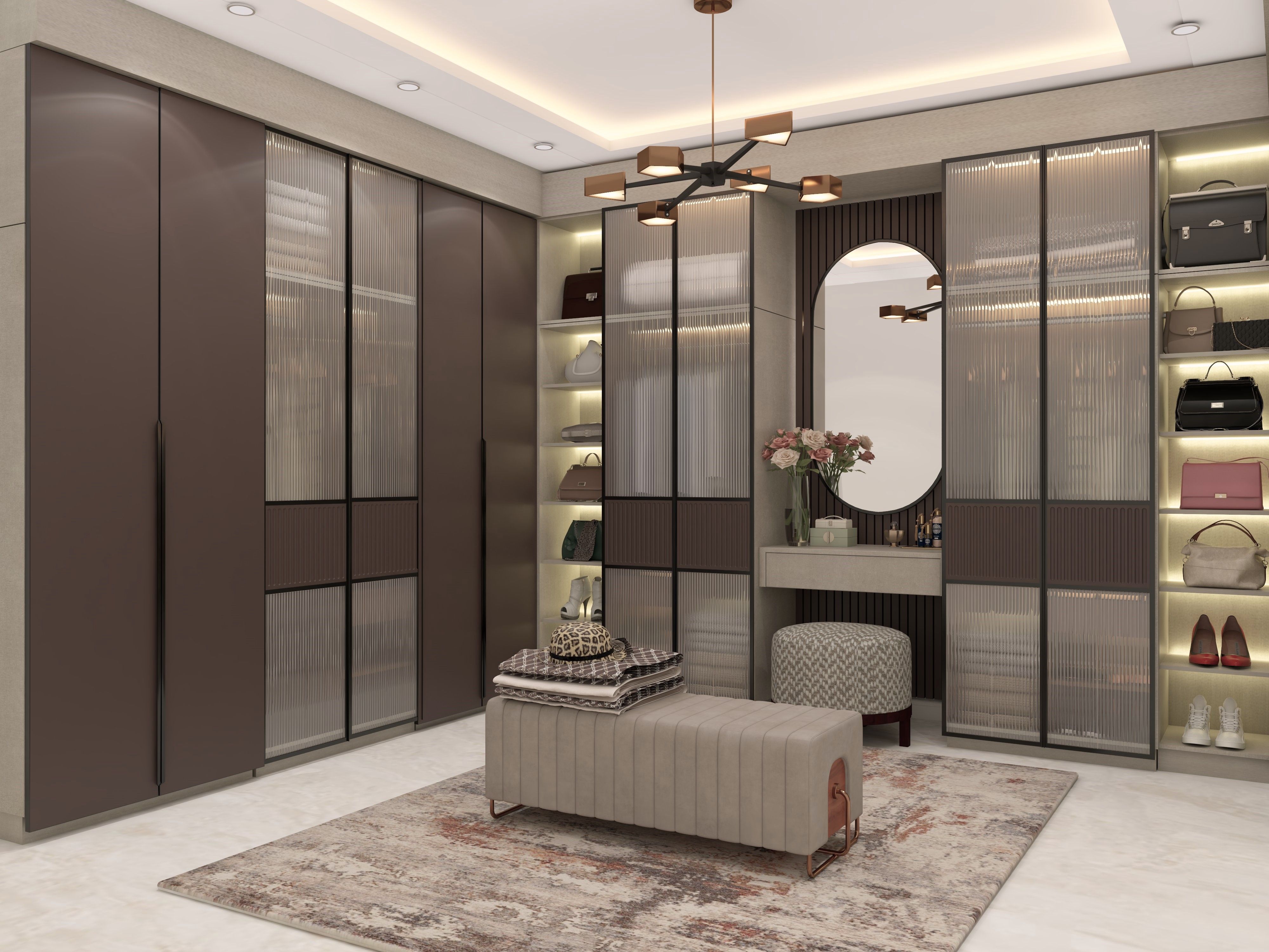 Modern walk-in wardrobe with glass panels and dressing table - Beautiful Homes