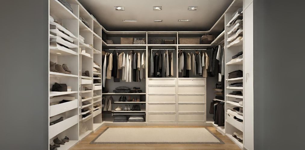 Walk in wardrobe layout with drawers and shelves - Beautiful Homes