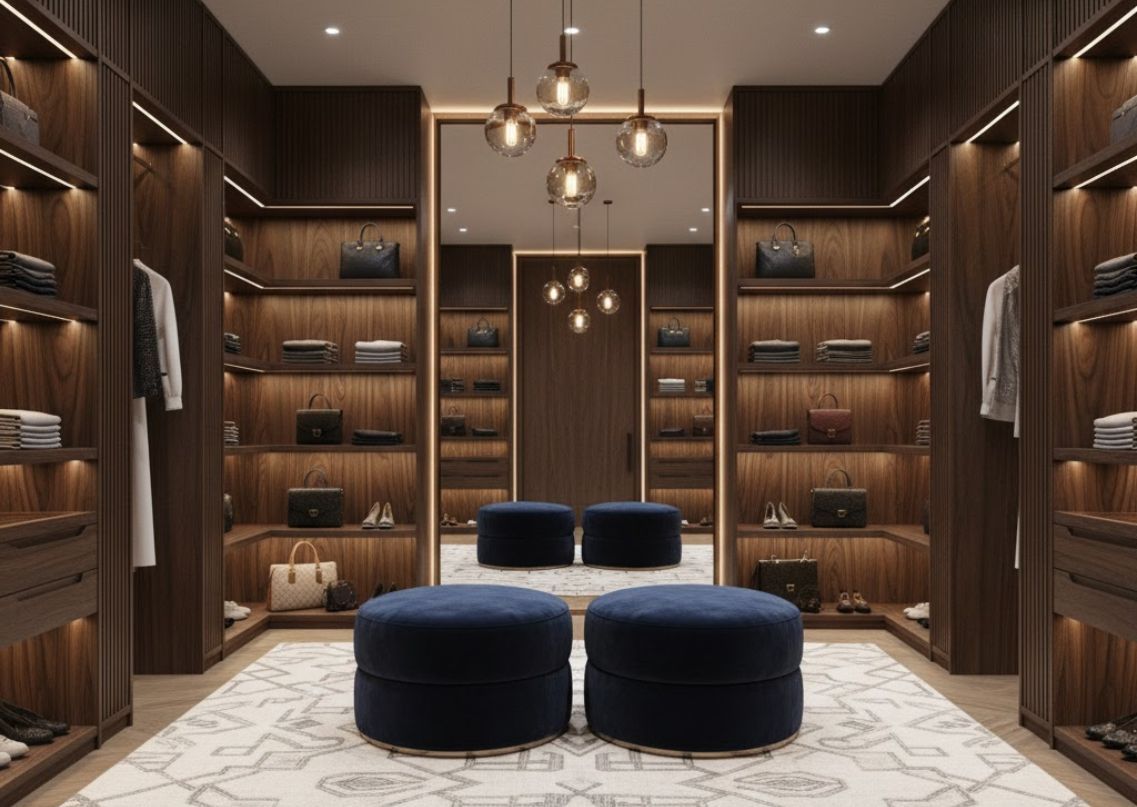 Luxury walk-in closet with wooden shelves and lighting - Beautiful Homes