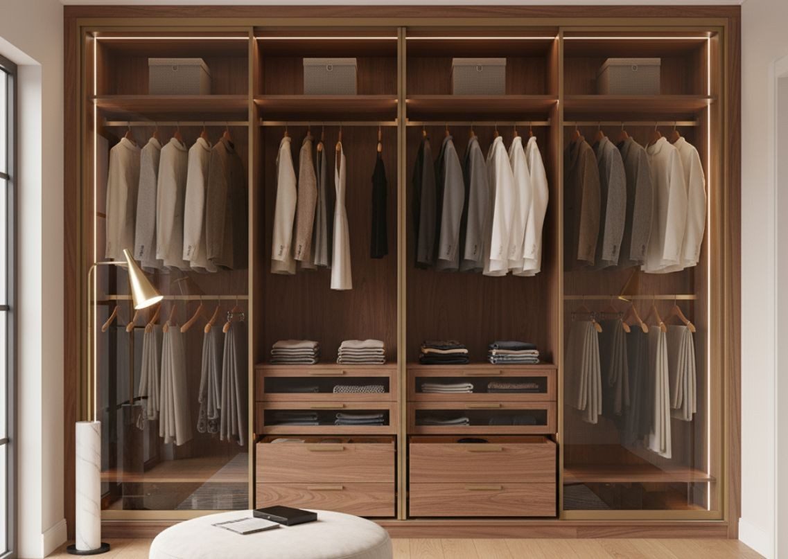 Walk-in closet with wooden shelves and sliding doors - Beautiful Homes