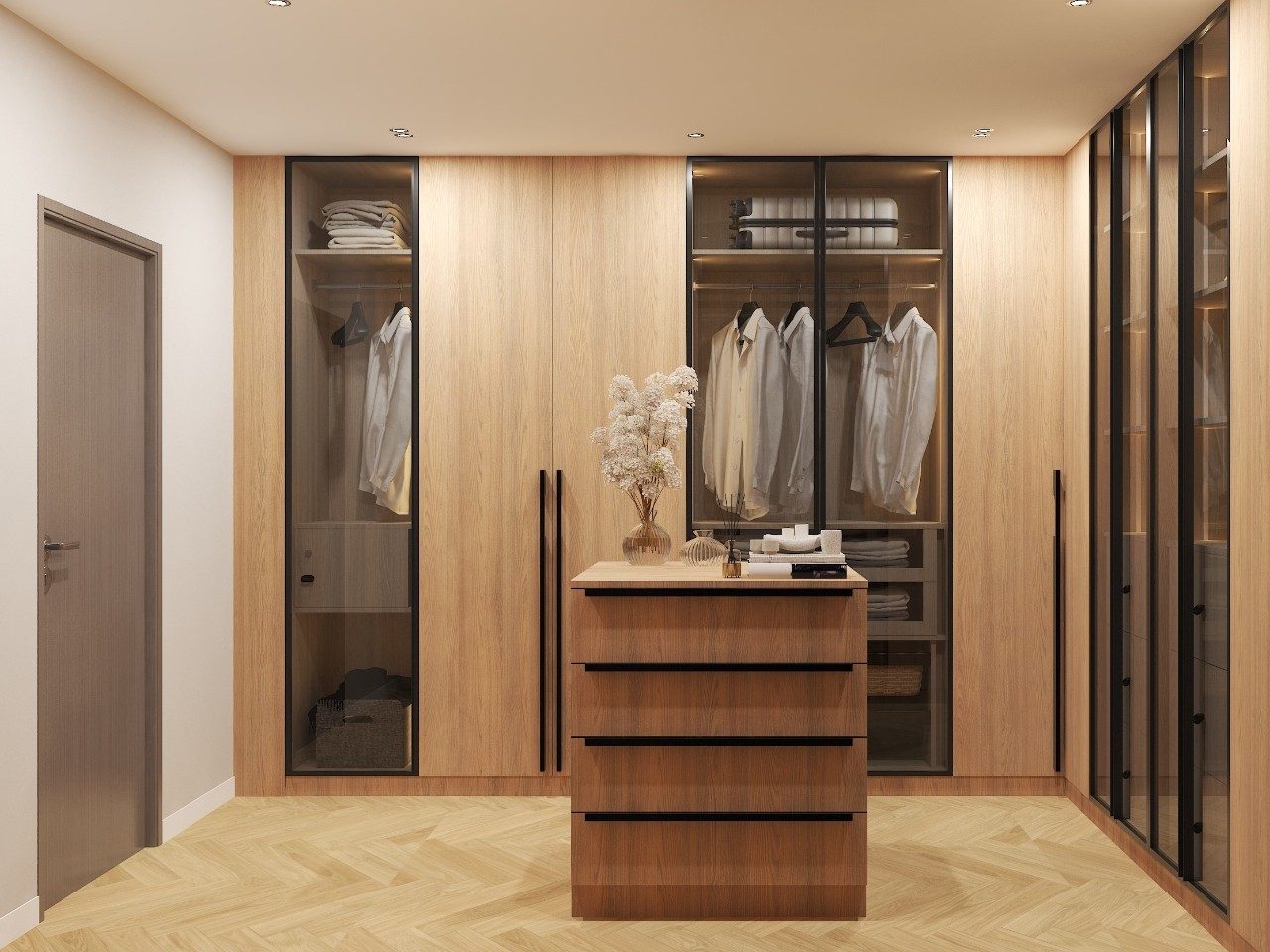 Spacious modern wardrobe with wooden and glass design - Beautiful Homes
