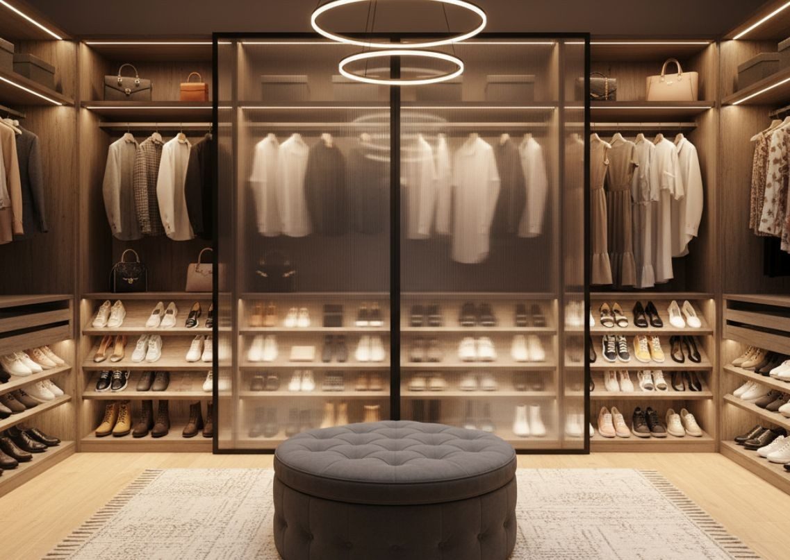 Walk-in closet with wooden shelves and glass sliding doors - Beautiful Homes