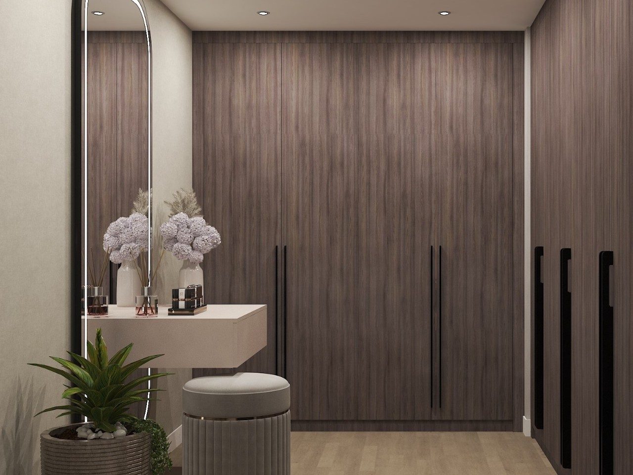 Modern wooden wardrobe with dressing table setup - Beautiful Homes