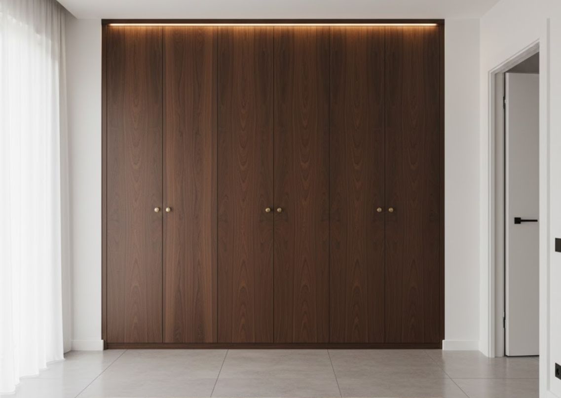 Wooden wardrobe with brass handles and soft lighting - Beautiful Homes