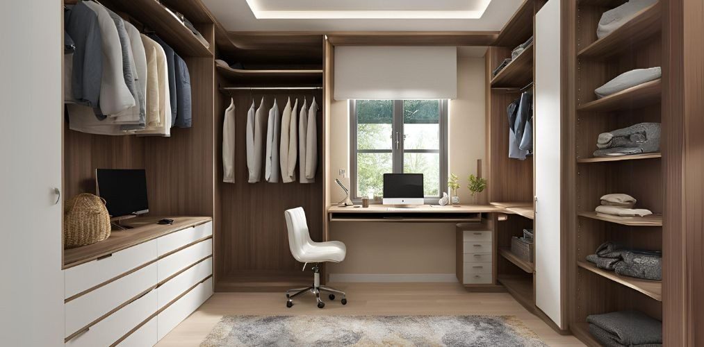 Wardrobe design with an integrated wooden study table - Beautiful Homes