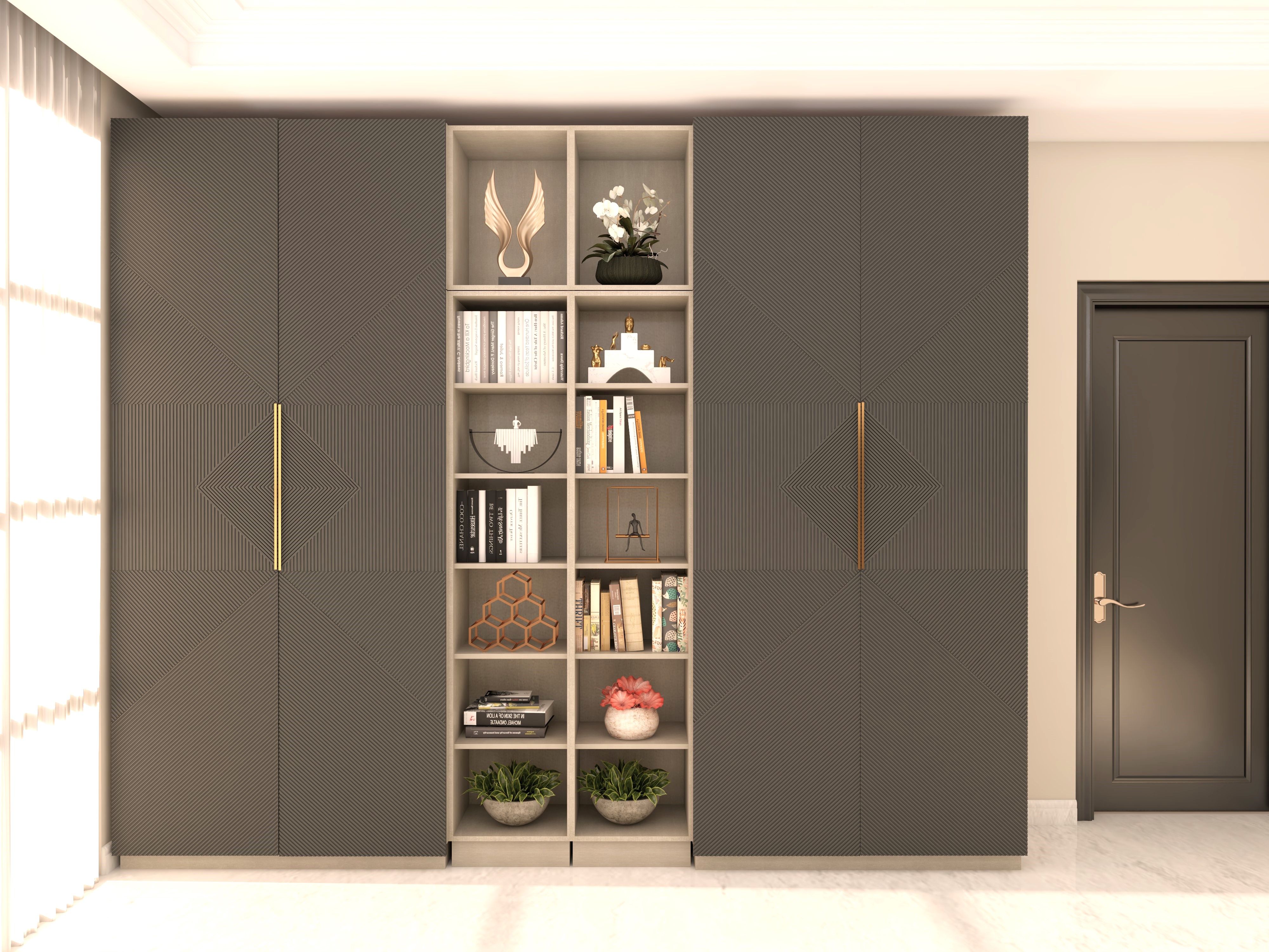 Wardrobe design with grey textured laminate and built-in shelves-Beautiful Homes