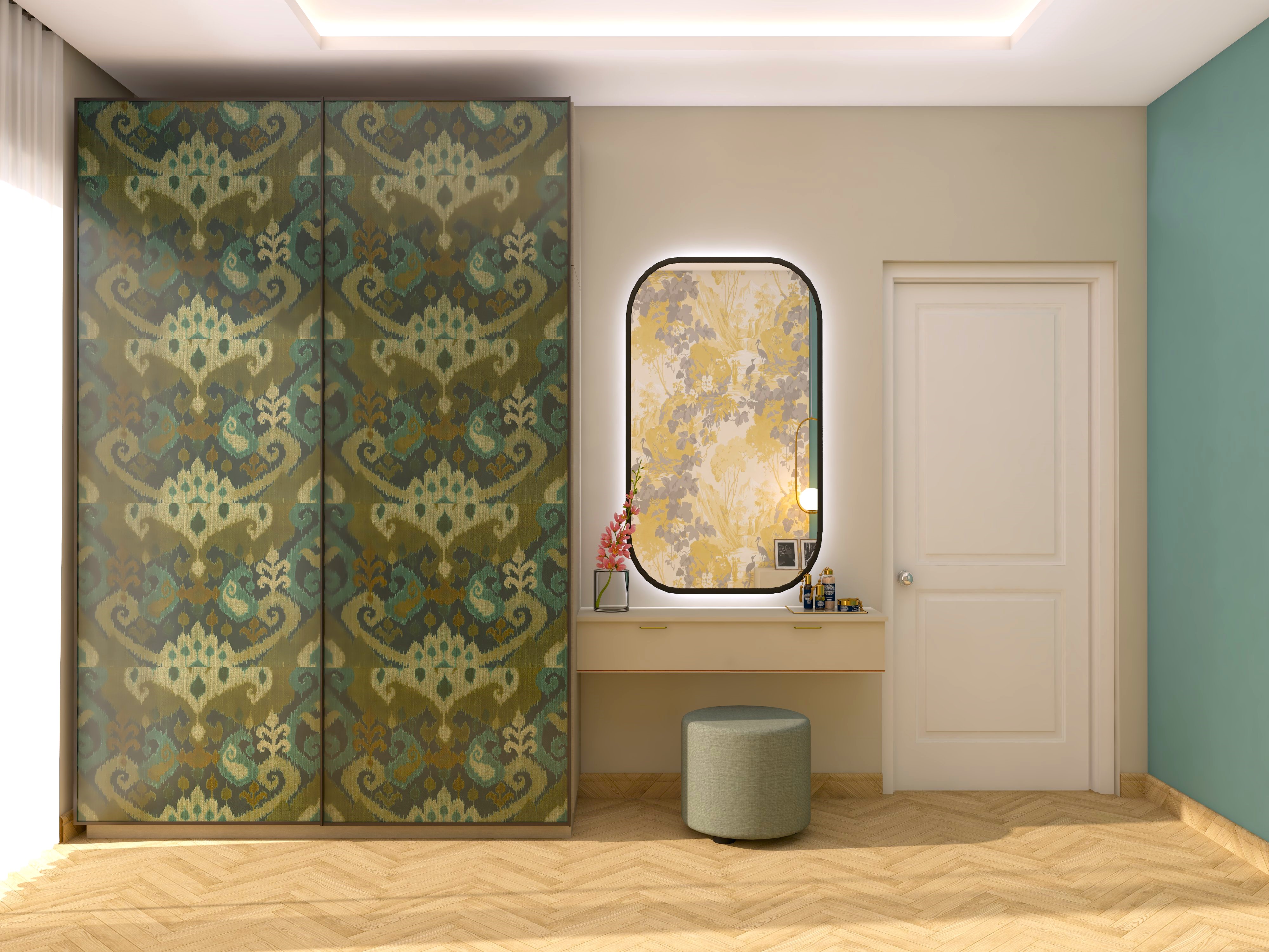 Wardrobe design with textile laminate and dressing table with back lit mirror-Beautiful Homes