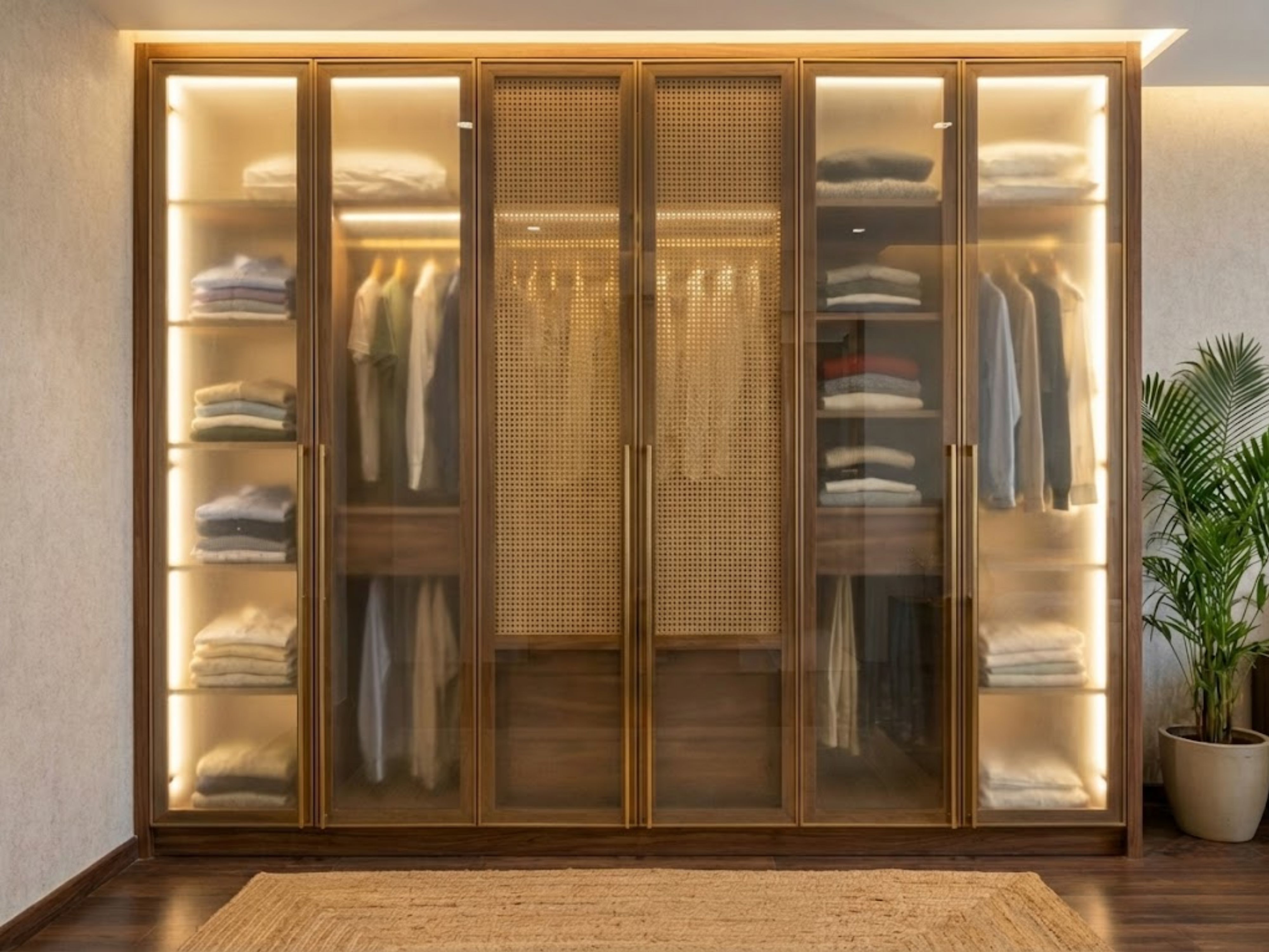 Glass wardrobe with lighting and wooden frame design - Beautiful Homes