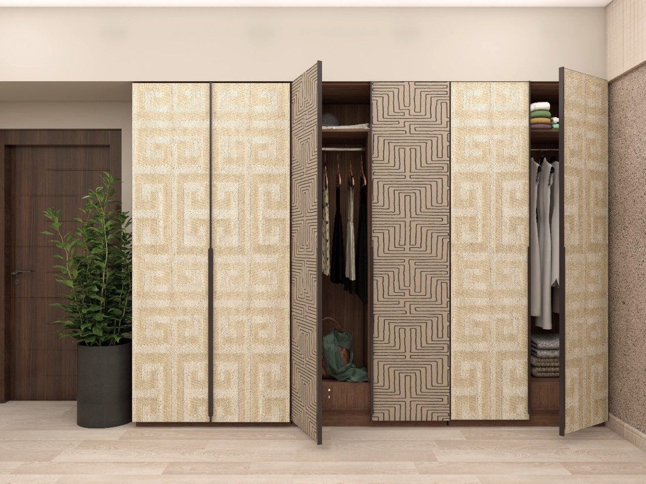 Wardrobe shutter design with fabric and wallpaper shutters - Beautiful Homes