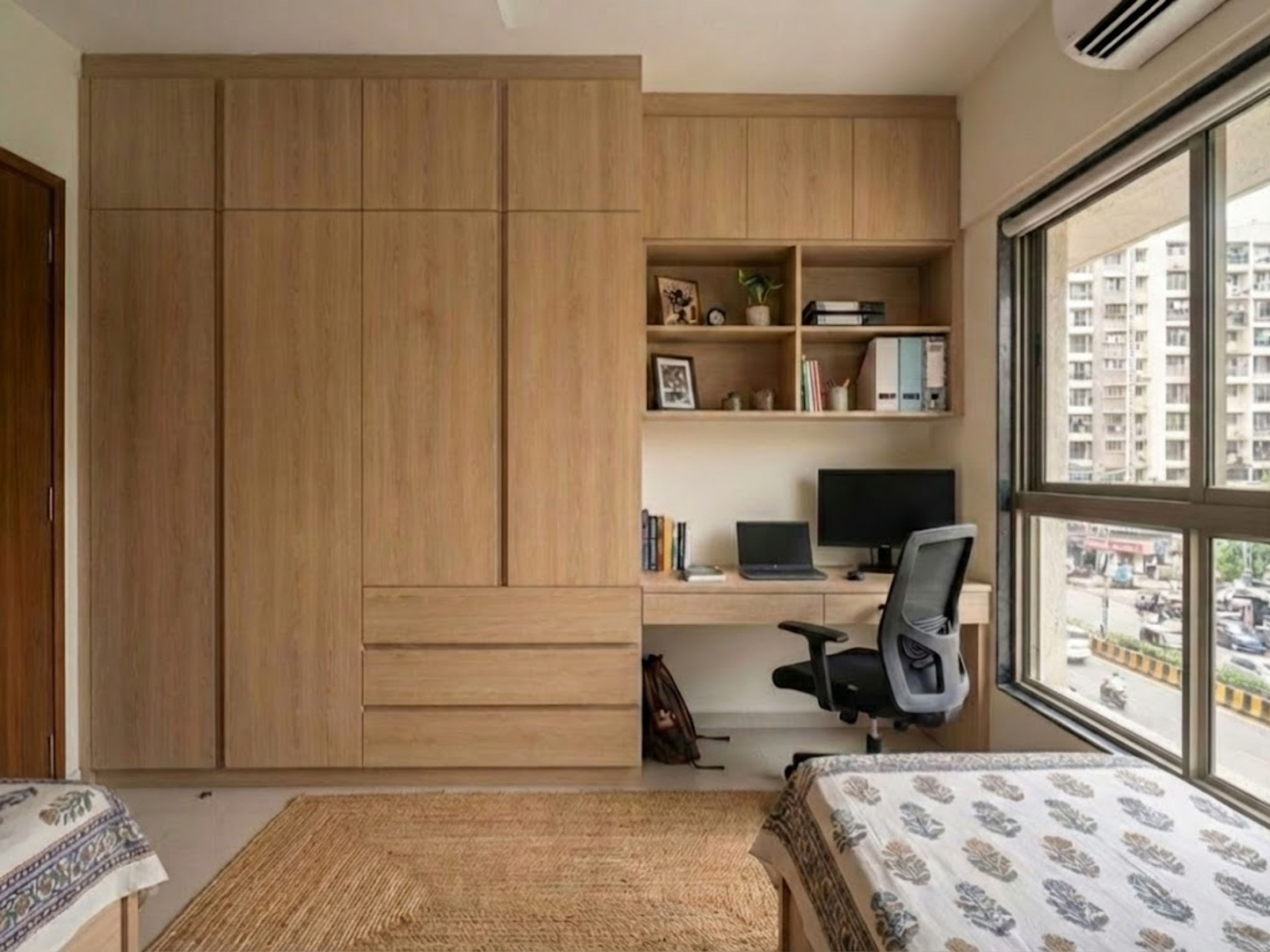 Modern wardrobe and study table with natural finish - Beautiful Homes