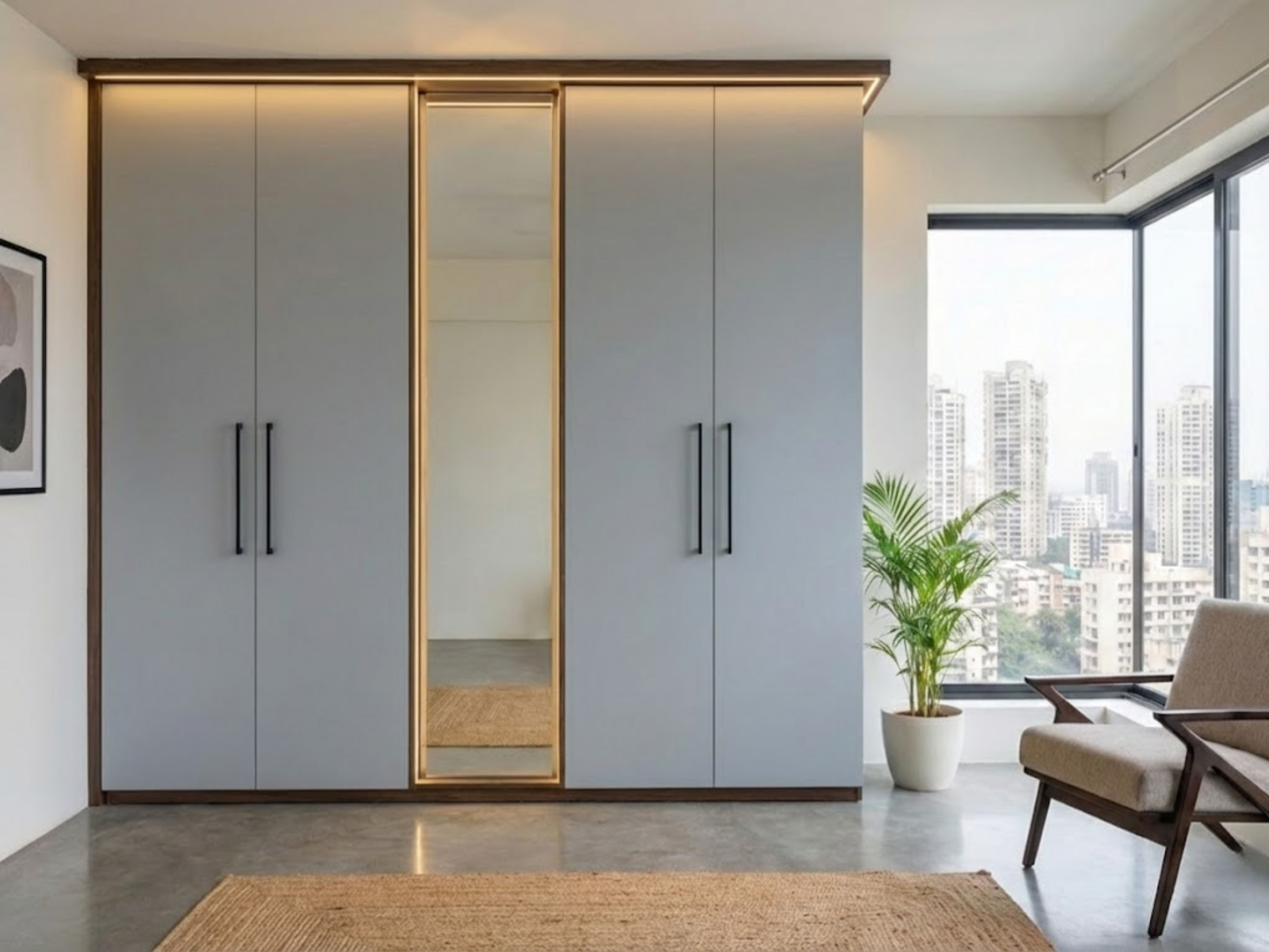 Modern grey wardrobe with mirror and lighting - Beautiful Homes