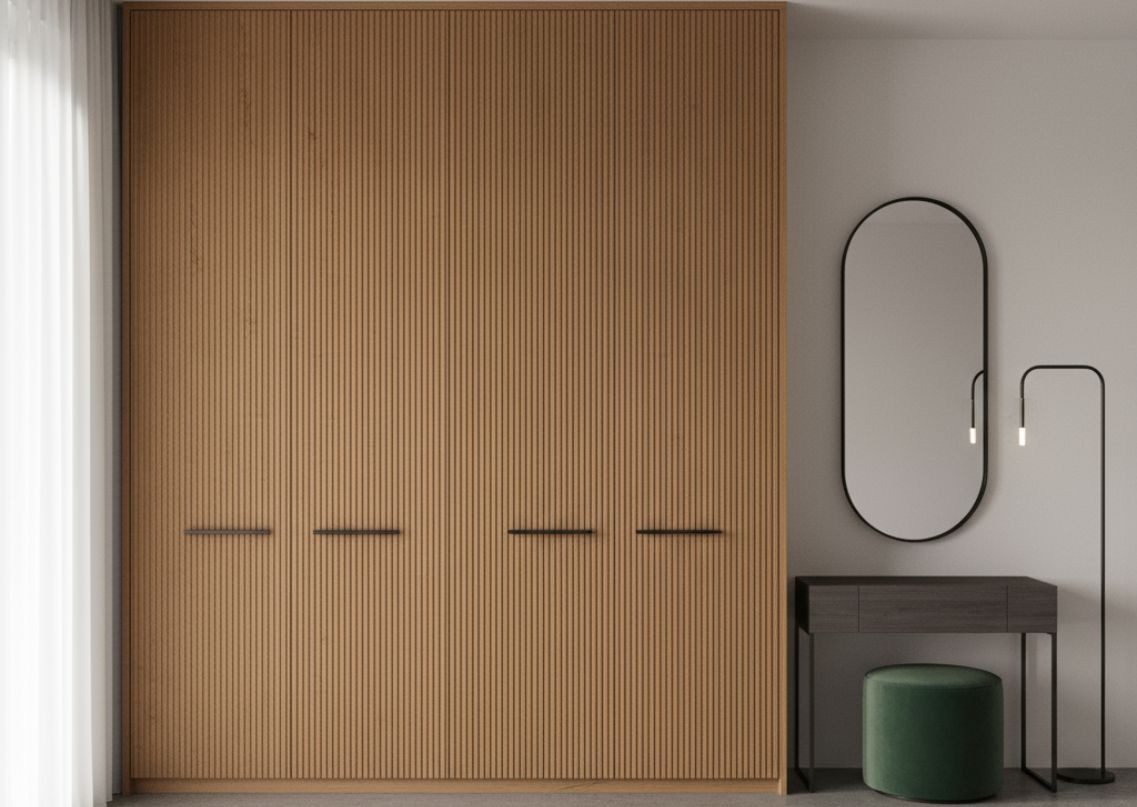 Wooden slat wardrobe with dressing table and mirror - Beautiful Homes