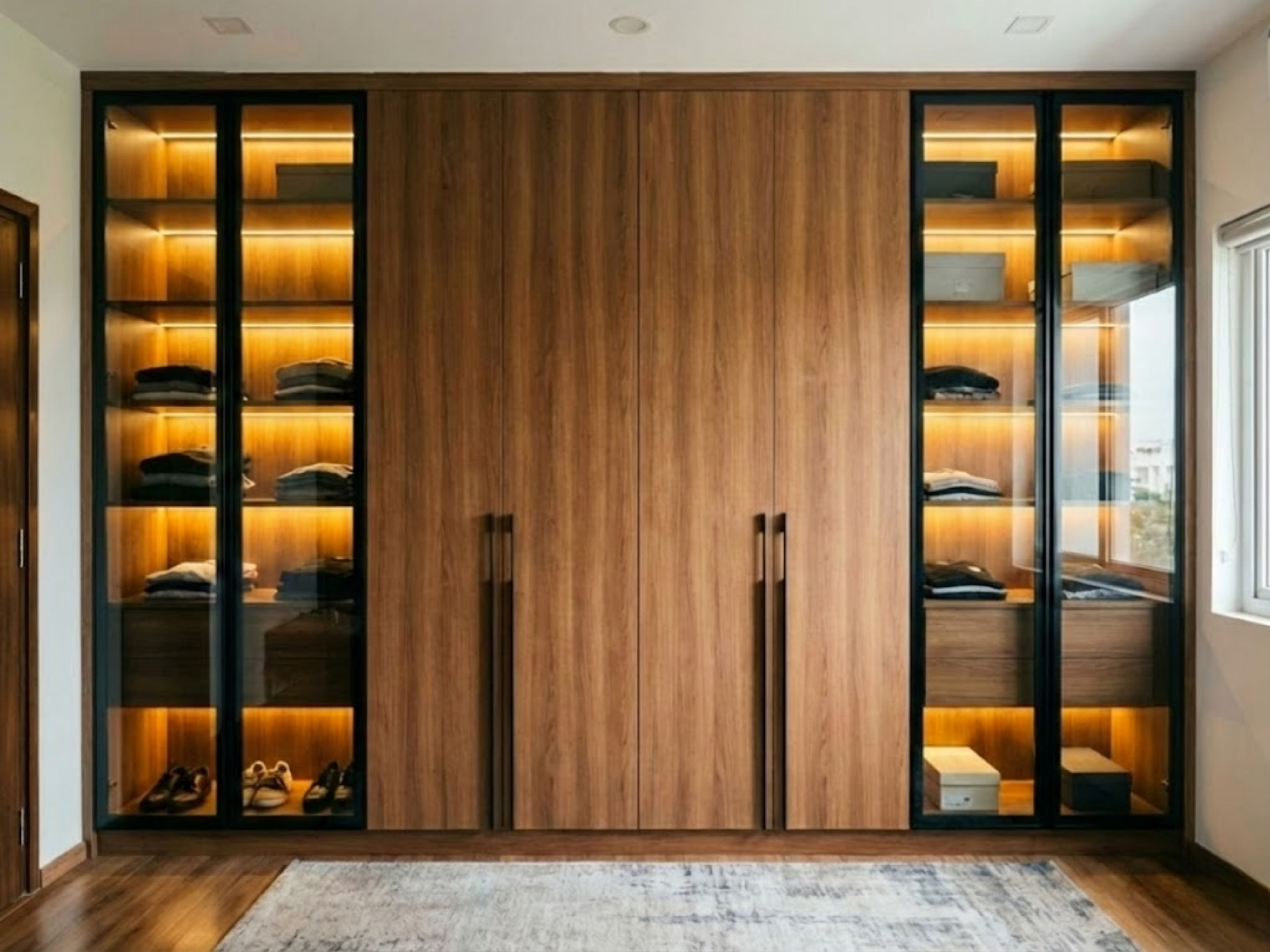 Wooden wardrobe with glass panels and lighting - Beautiful Homes
