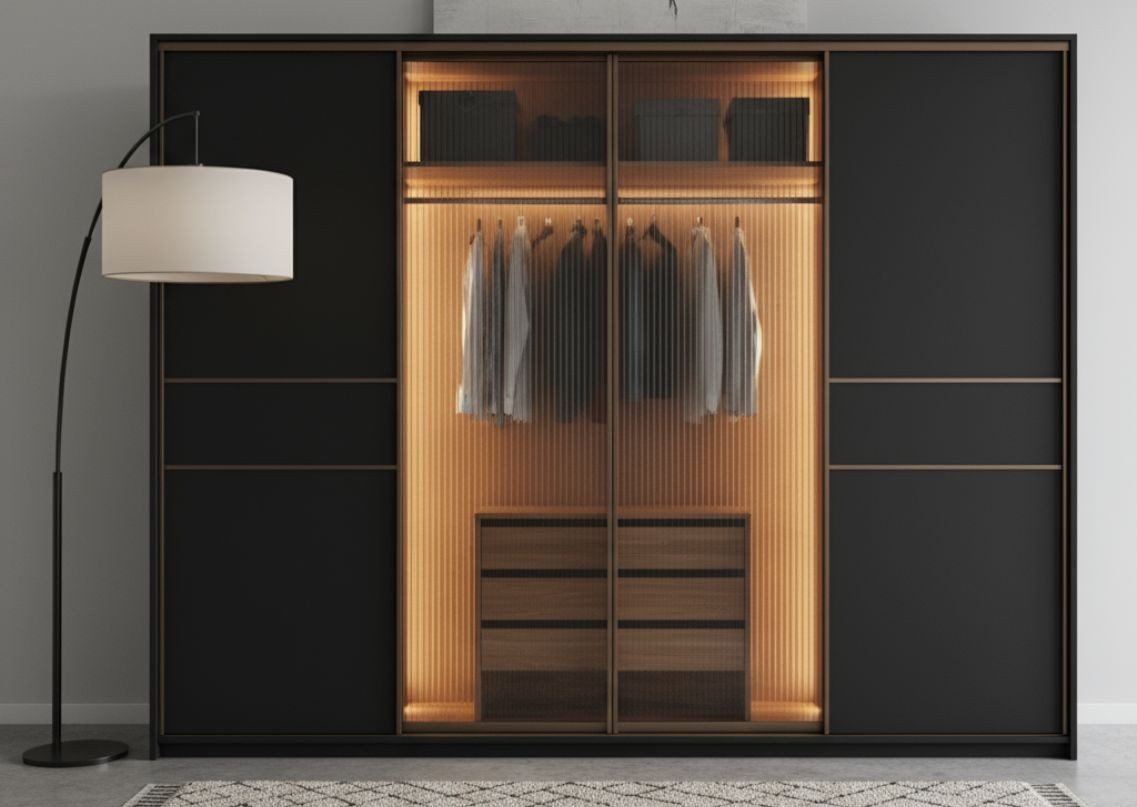 Black wardrobe with glass doors and warm lighting - Beautiful Homes