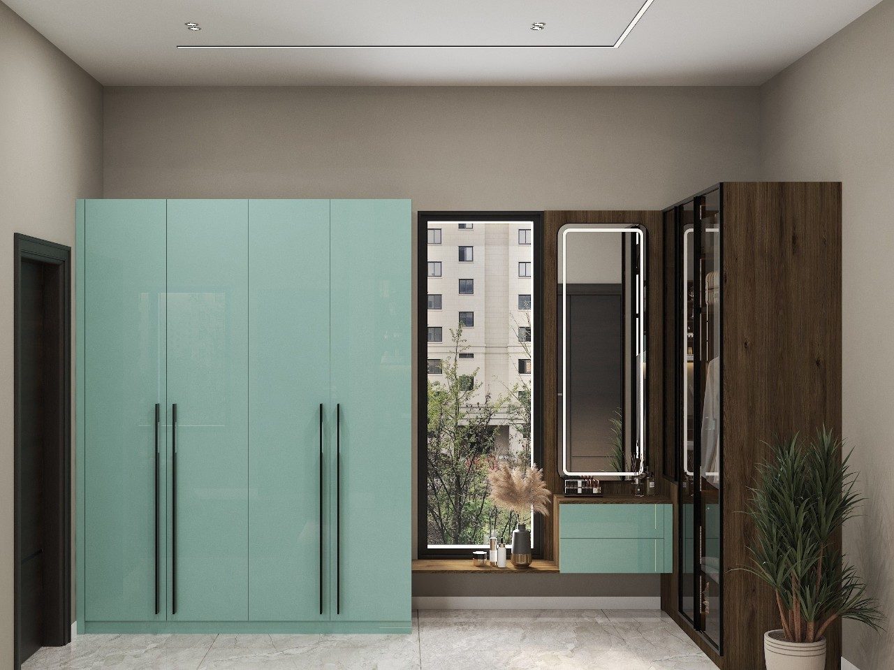 Modern wardrobe with dressing table and glass doors - Beautiful Homes