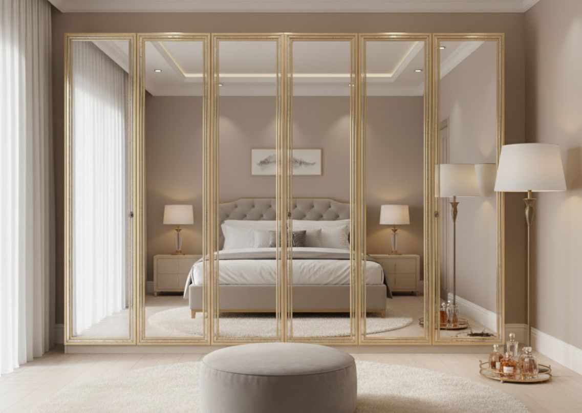 Bedroom with gold mirrored wardrobe and beige décor - Beautiful Homes