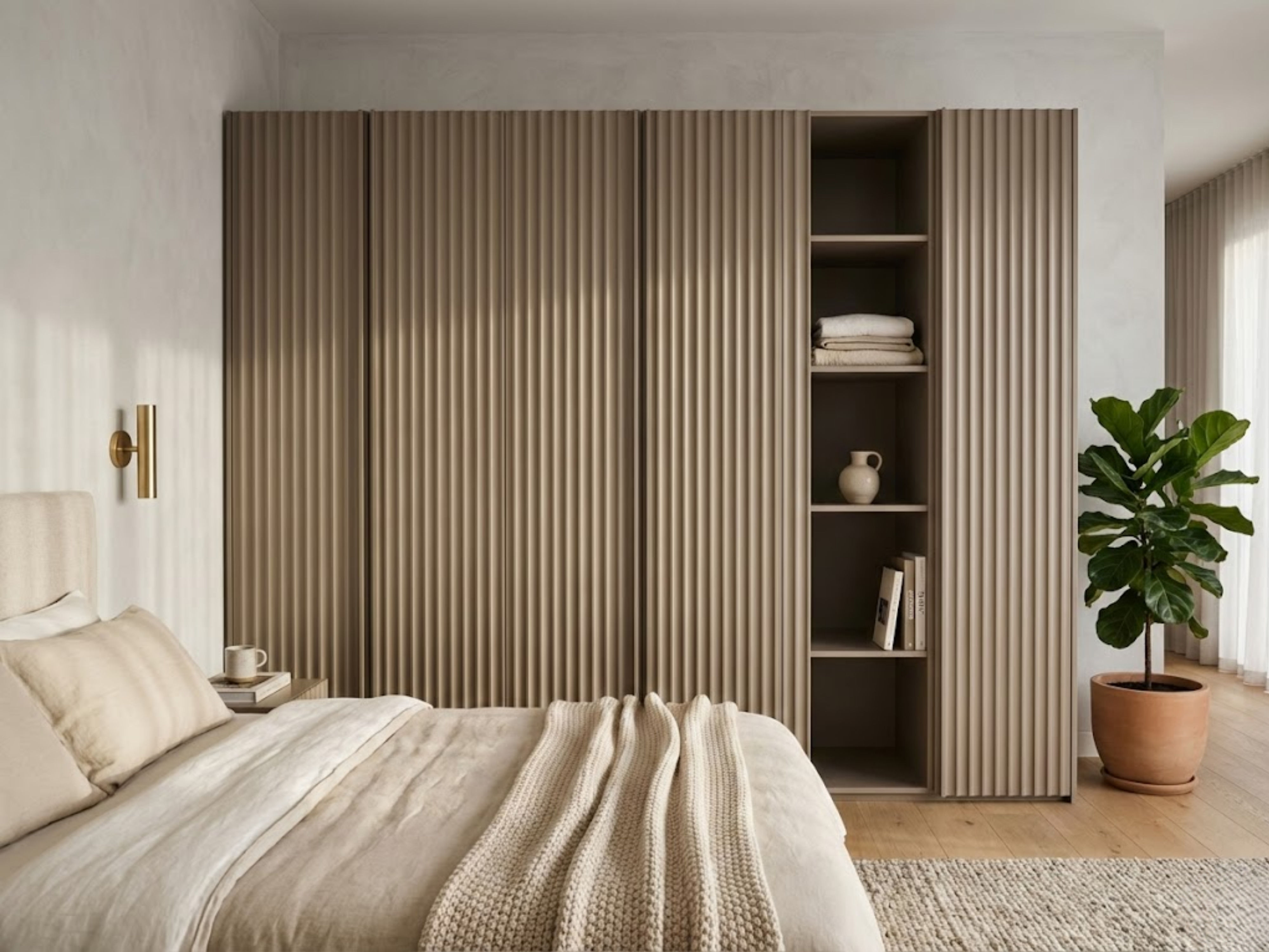 Modern bedroom with vertical panel wardrobe and neutral décor - Beautiful Homes