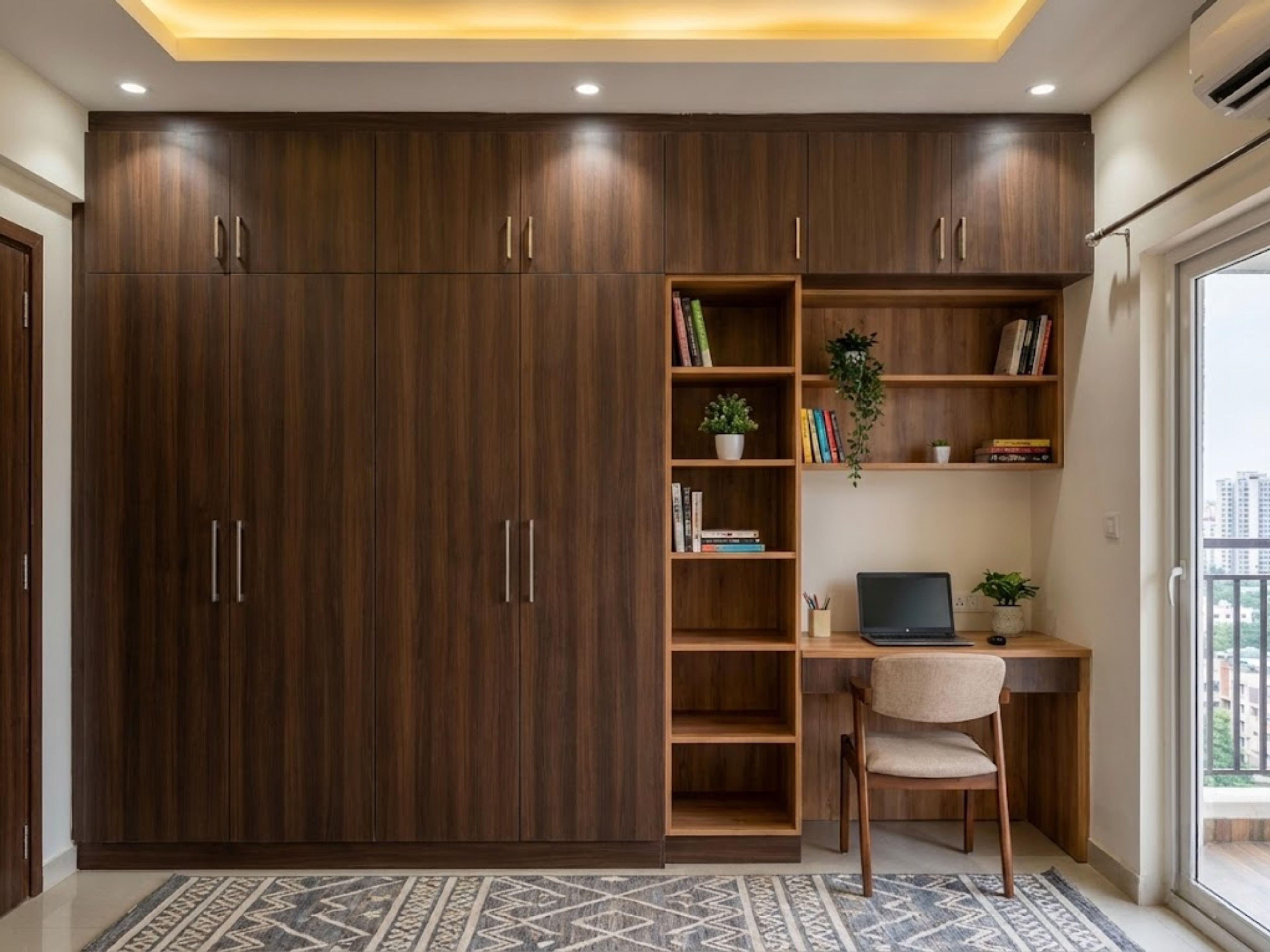 Wooden wardrobe with study table and open shelves - Beautiful Homes