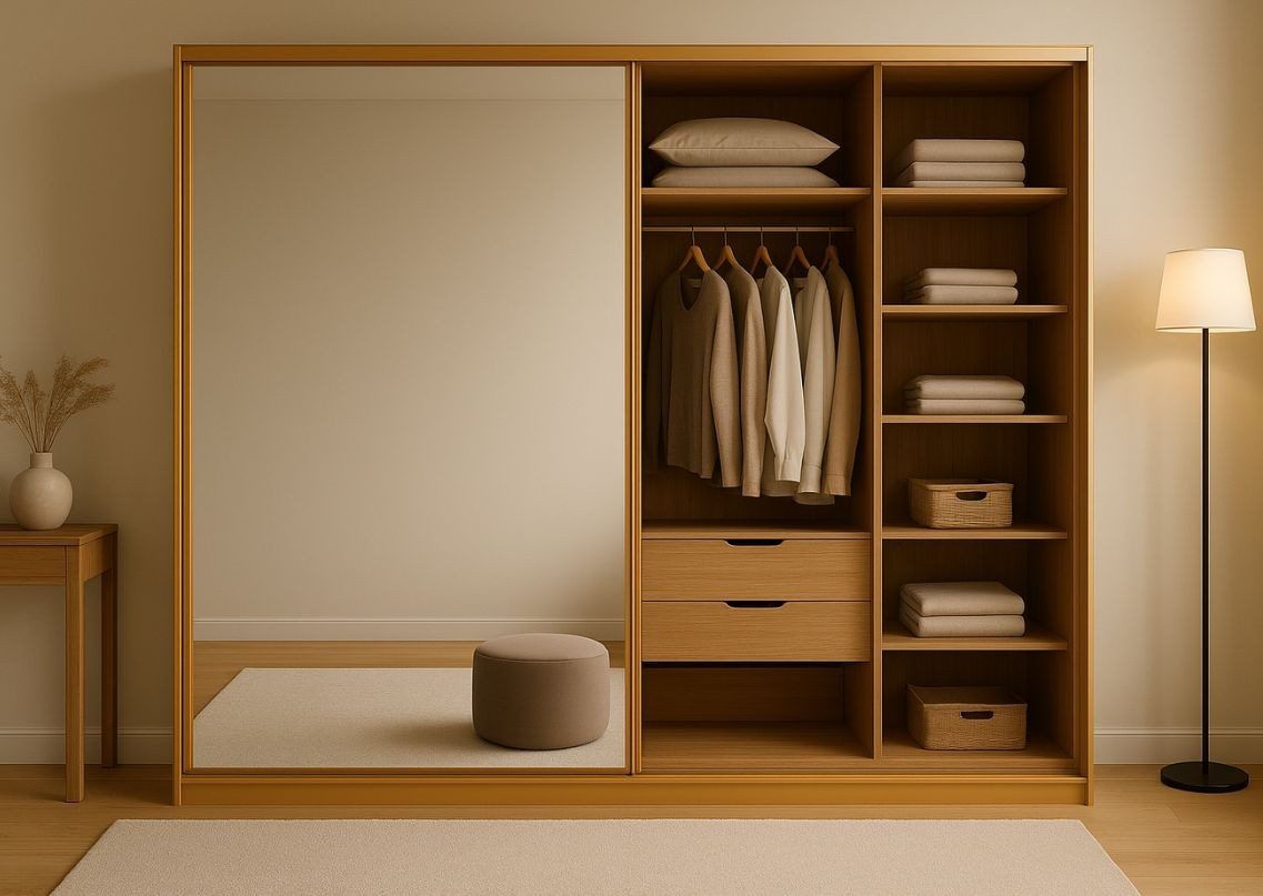 Golden wardrobe with mirror and storage shelves - Beautiful Homes
