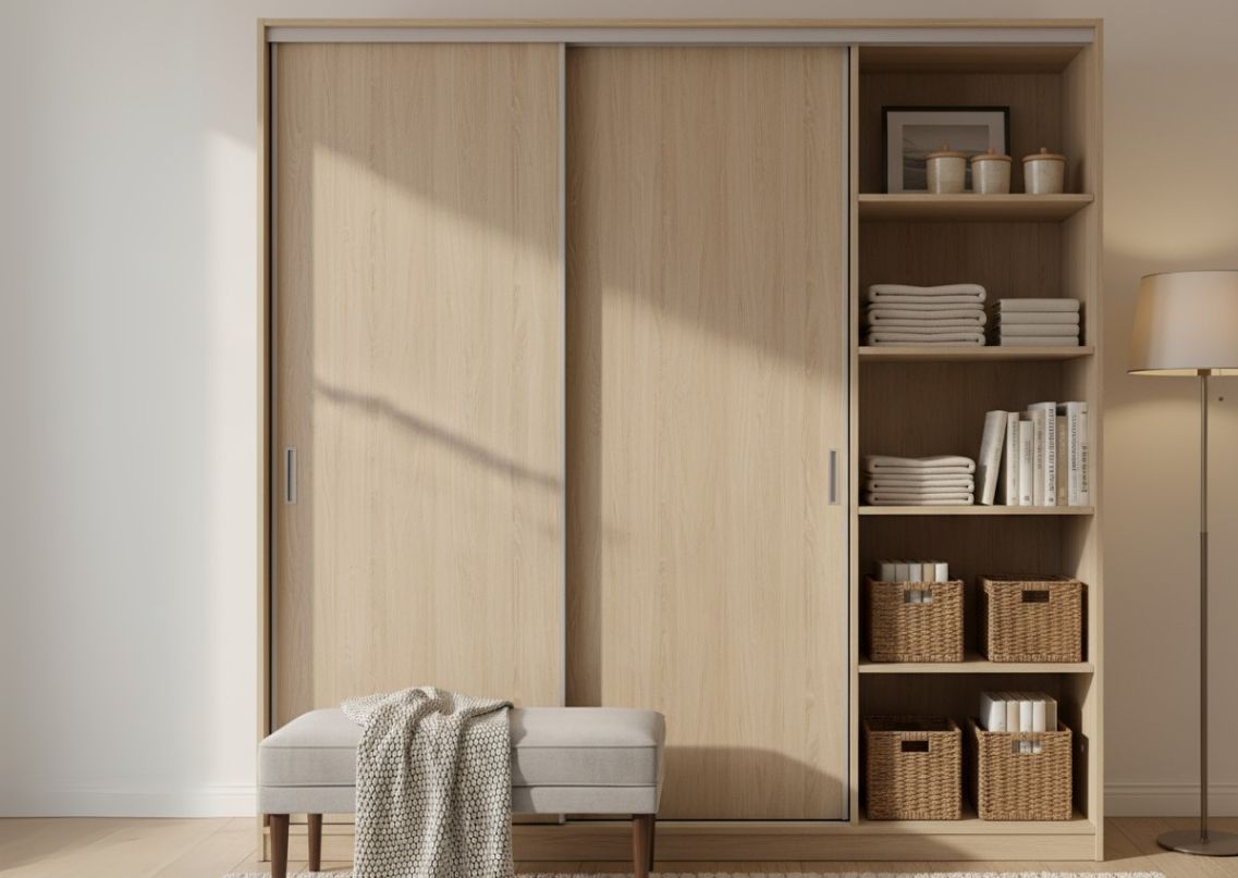 Light wooden sliding wardrobe with open shelves - Beautiful Homes