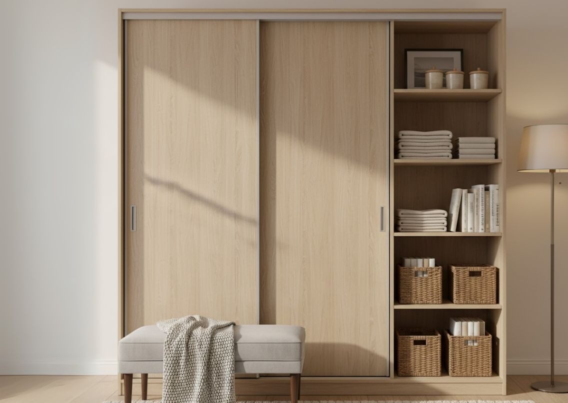 Light wooden sliding wardrobe with open shelves - Beautiful Homes