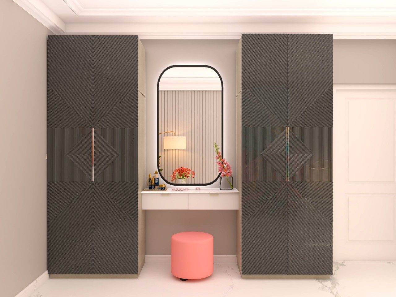 Wardrobe with textured laminate and dresser with led mirror-Beautiful Homes