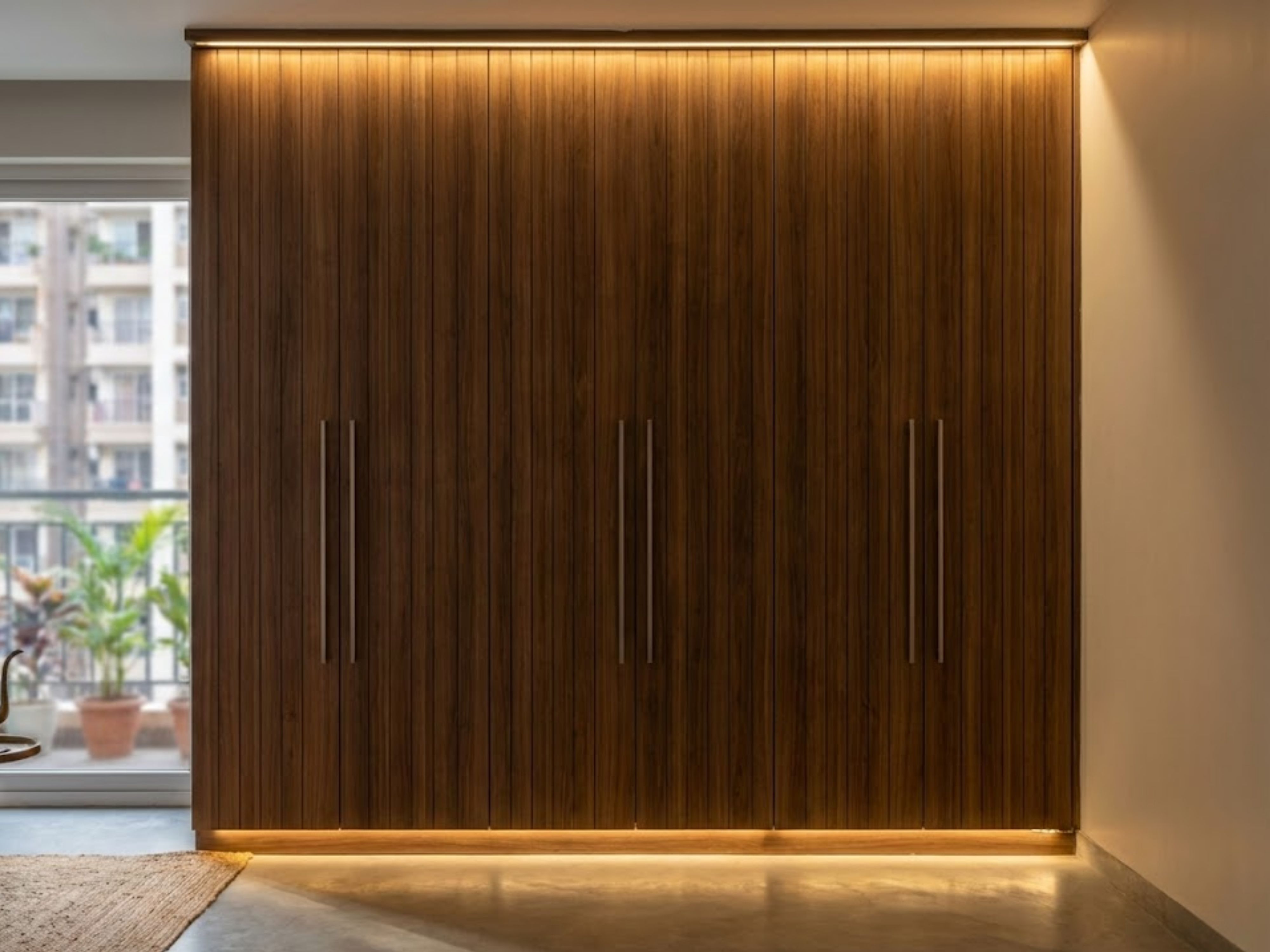 Wooden wardrobe with vertical panels and lighting - Beautiful Homes
