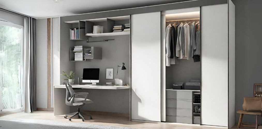 White and grey sliding wardrobe with study table - Beautiful Homes