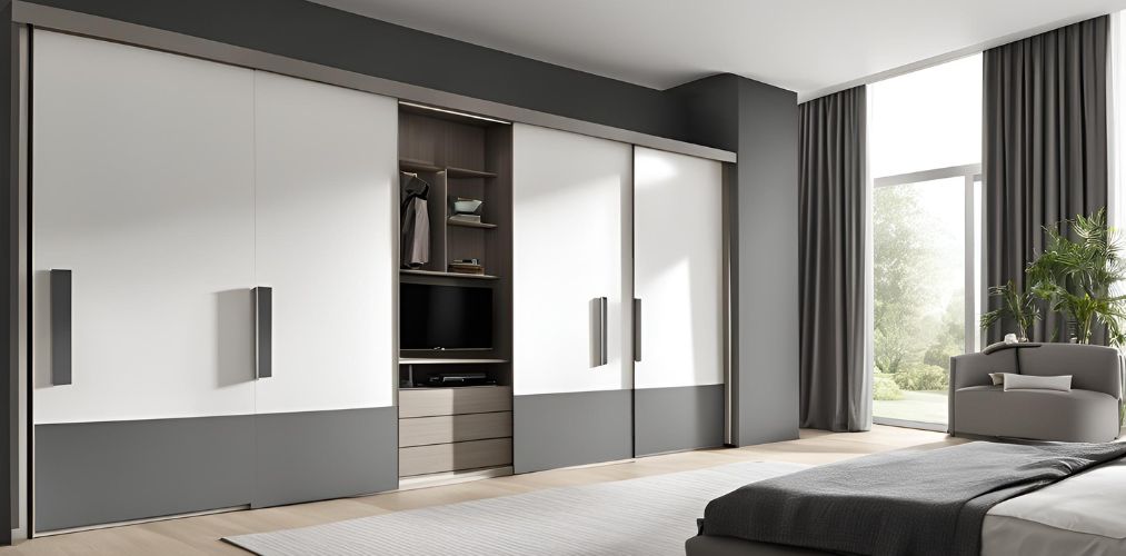 White and grey wardrobe with integrated TV unit - Beautiful Homes