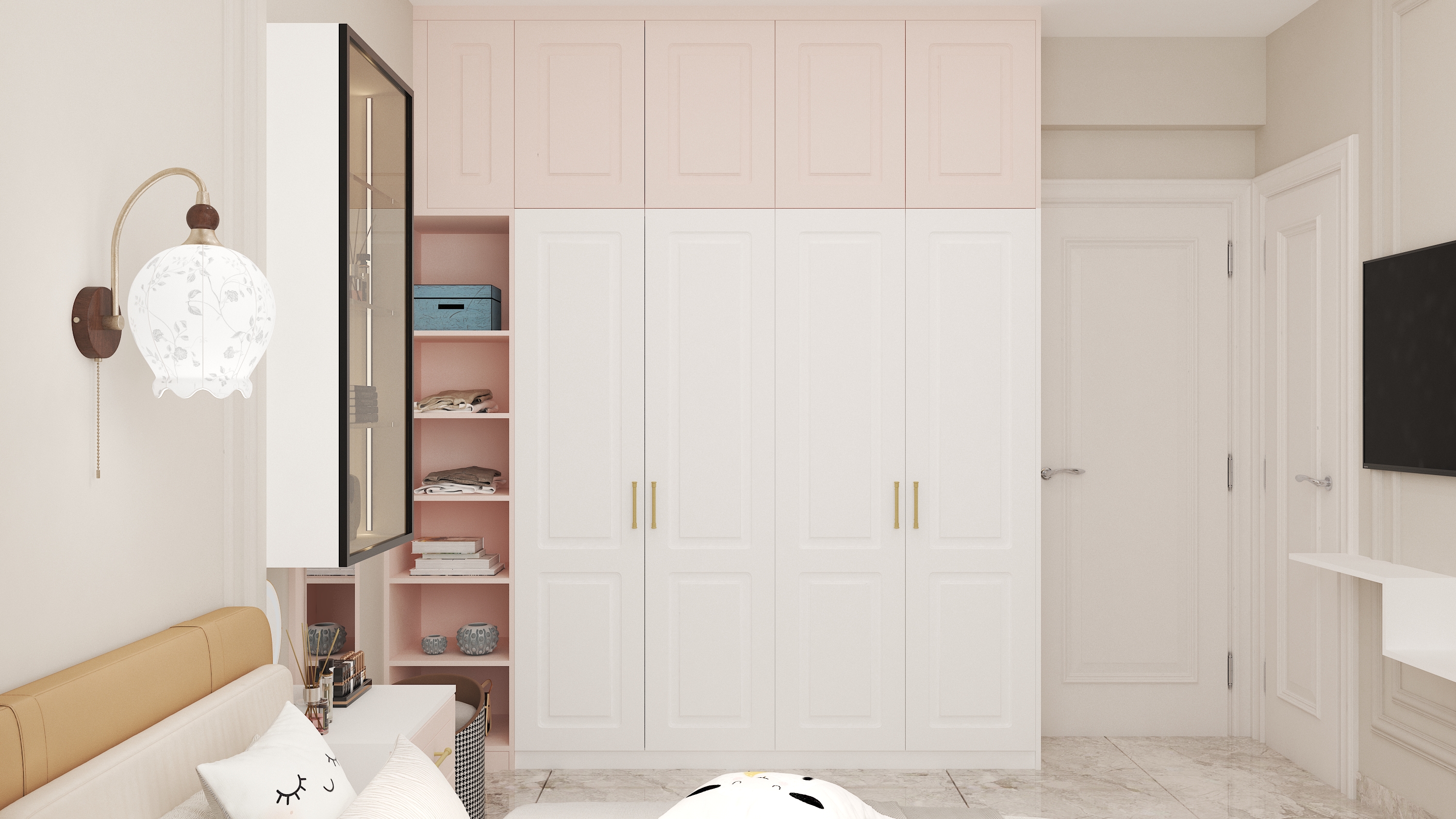 White and pink wardrobe with gold handles - Beautiful Homes