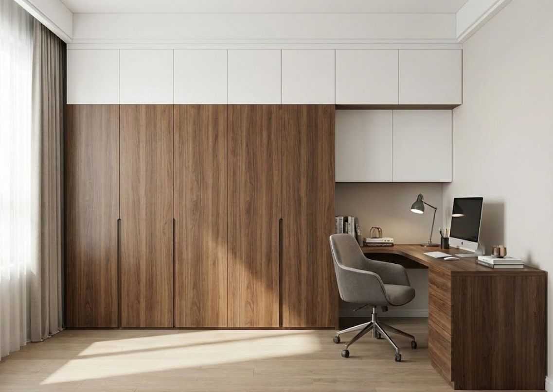 White and walnut wardrobe with attached l-shaped study desk