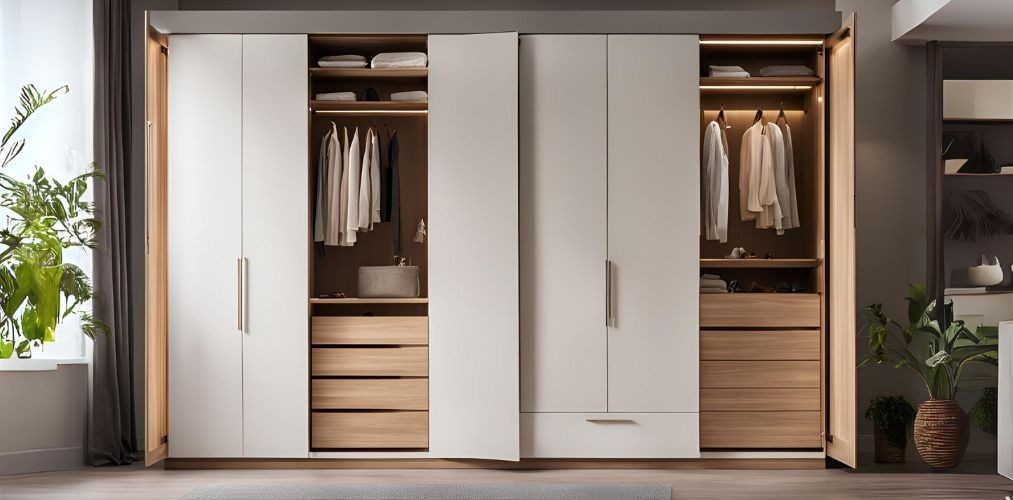 White and wood swing wardrobe design with drawers - Beautiful Homes