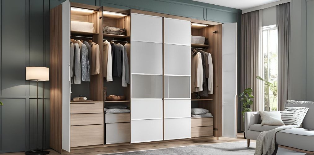 White and wood wardrobe with frosted glass shutters - Beautiful Homes