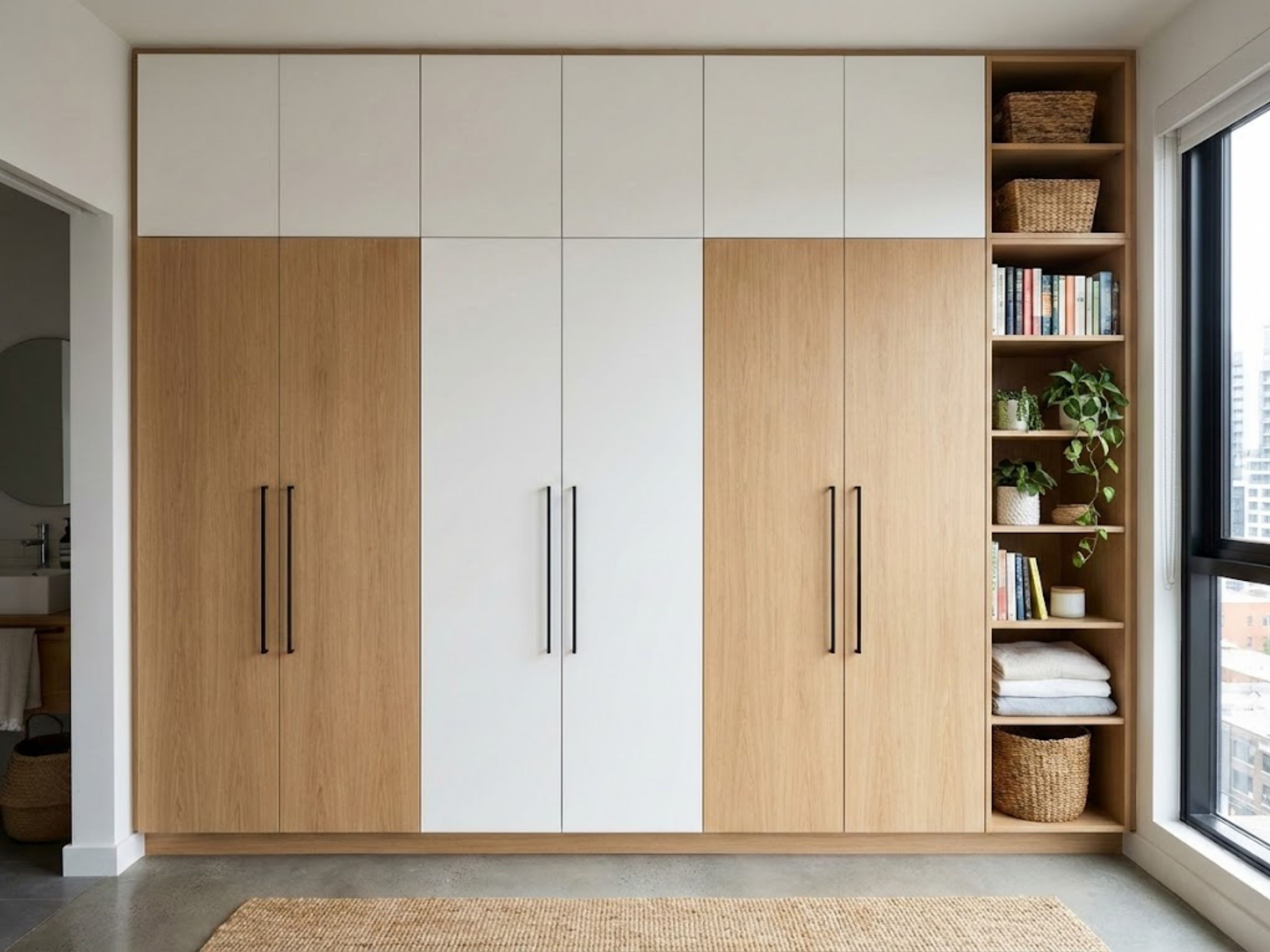 Wooden wardrobe with loft and open shelves - Beautiful Homes